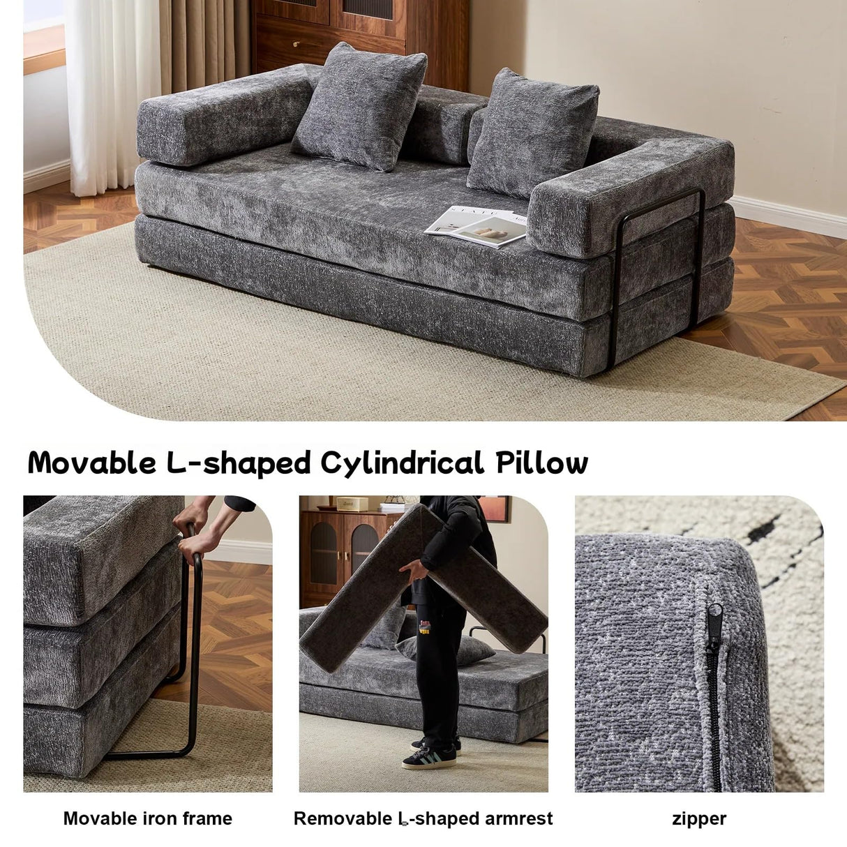 Trygoal Convertible Floor Sofa Bed, Foldable Mattress Cloud Couch with Pillow Back & Armrest, Chenille Sleeper Sofa Bed with Fixed-Shape Frame, Compressed Couch for Living Room Bedroom, Dark Gray Trygoal