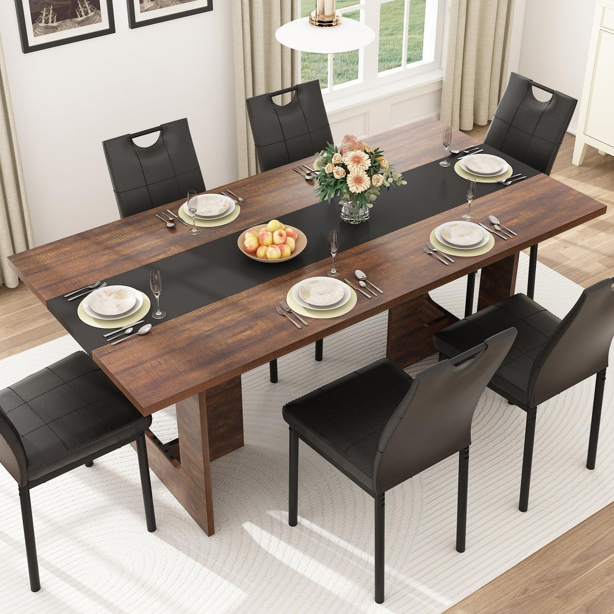 Squireewo 71 Inch Rectangular Dining Table for 6-8 People, Farmhouse Wood Kitchen Table with Wooden Legs, Farmhouse Center Kitchen Table for Dining Room, Kitchen & Living Room, Brown Squireewo