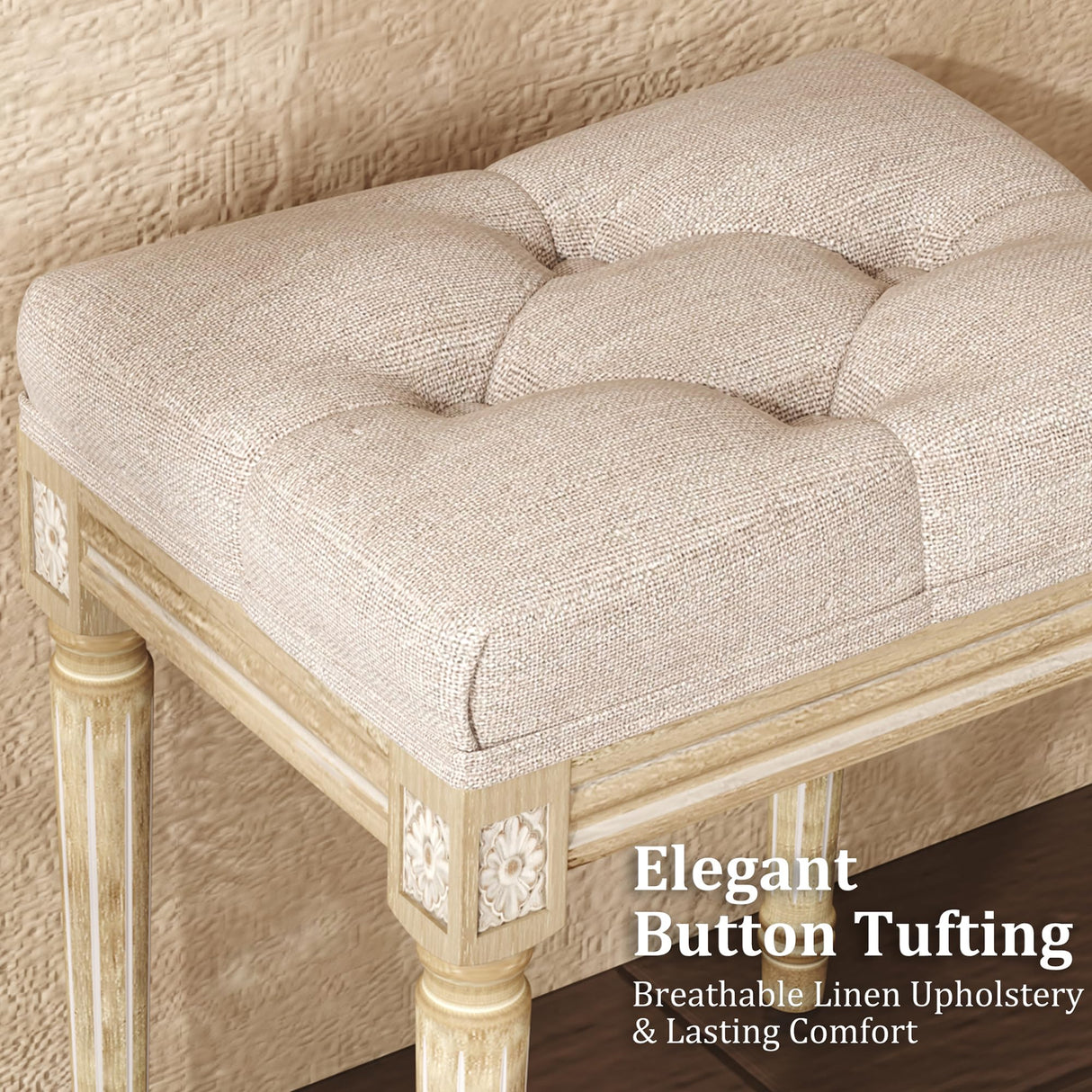 Yusong Vanity Stool Upholstered Bench Seat for Makeup Room, Vintage Small Bedroom Bench Dining Bench with Tufted Fabric for Living Room, Piano Stool with Rustic Wood, Easy Assemble,Beige Yusong