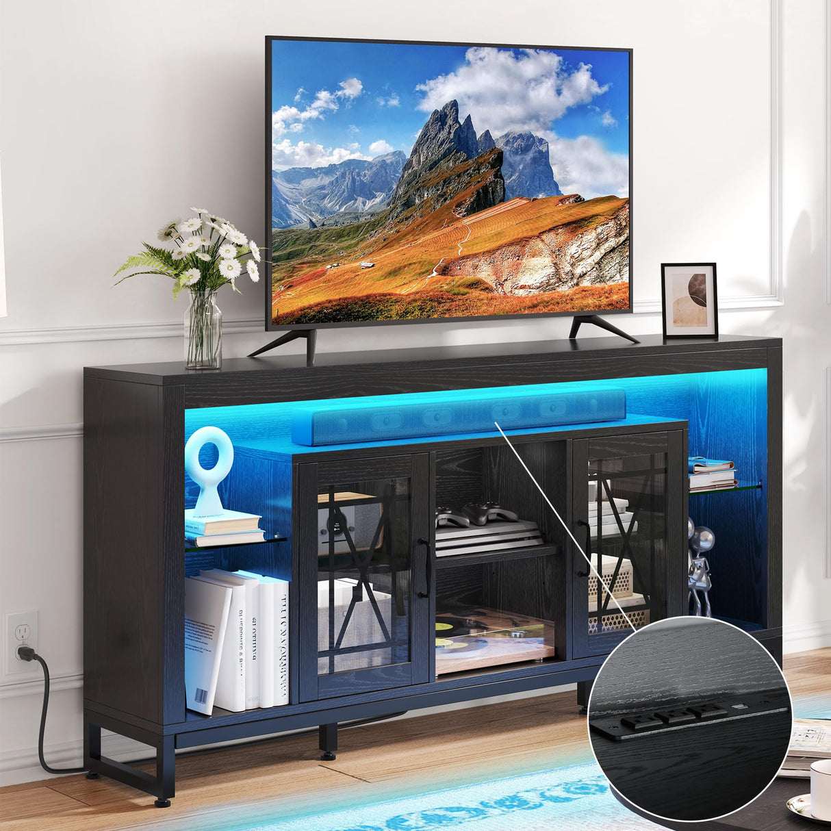 YITAHOME 33.5'' Tall TV Stand for 75 inch TV, LED Entertainment Center with Storage, Black TV Stands for Living Room with Acrylic Doors & Power Outlets, Tall TV Console Cabinet, Black YITAHOME