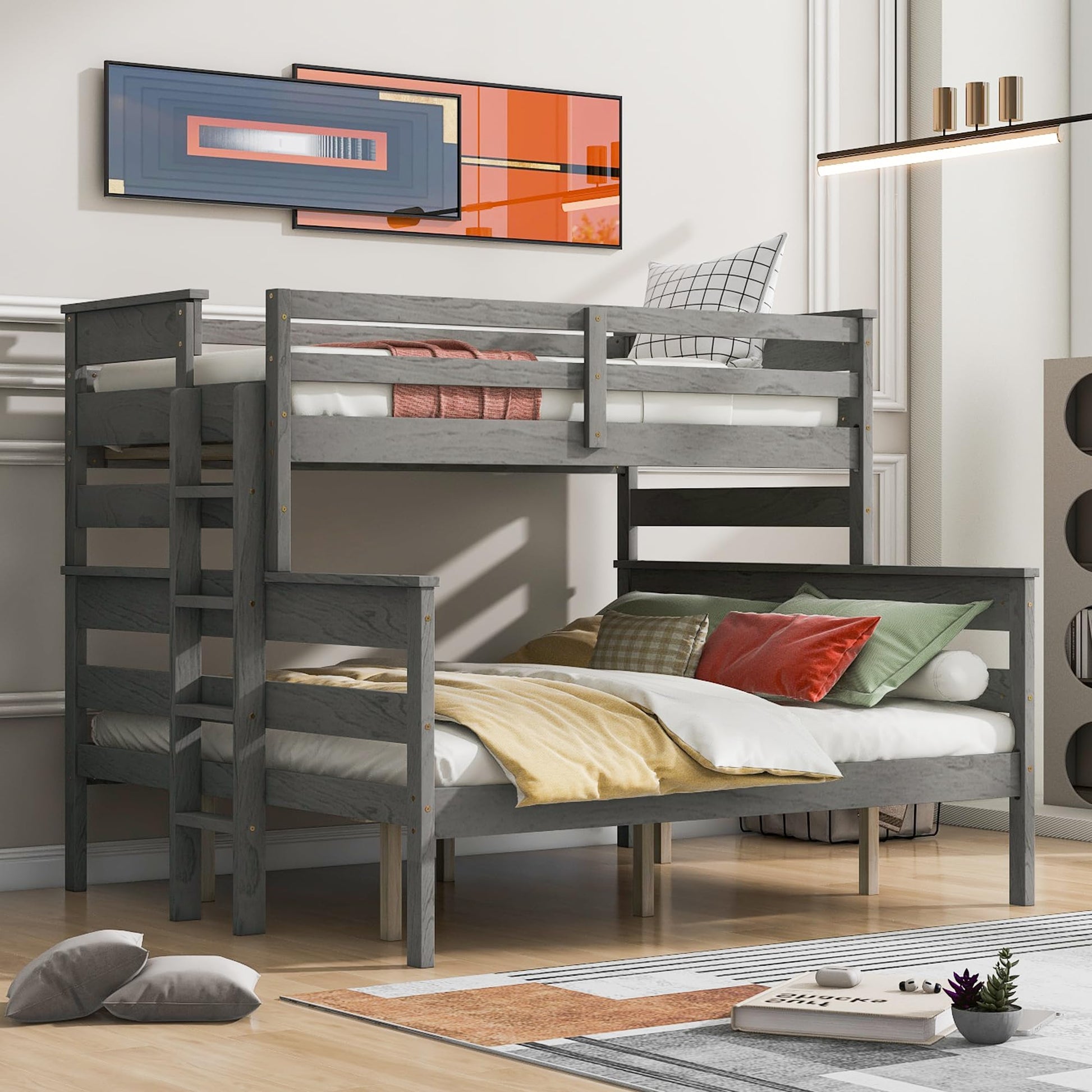 Harper & Bright Designs Twin XL Over Queen Bunk Bed with Ladder in Grey - Stylish and Sturdy Wood Frame - WoodArtSupply