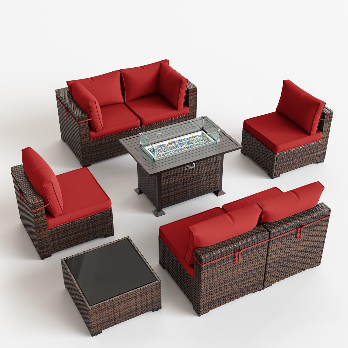 UDPATIO Patio Furniture Sets with Fire Pit Table, Modular Rattan Outdoor Conversation Patio Sectional Furniture Sofa Set for Backyard, Deck w/Coffee Table, 8PC Brown/Red (Include Sofa Cover) UDPATIO