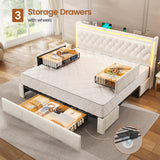 BTHFST Upholstered LED Bed Frame King Size with 3 Storage Drawers, Hidden Storage Headboard with Charging Station, Velvet Button Tufted Headboard Platform Bed, Beige BTHFST