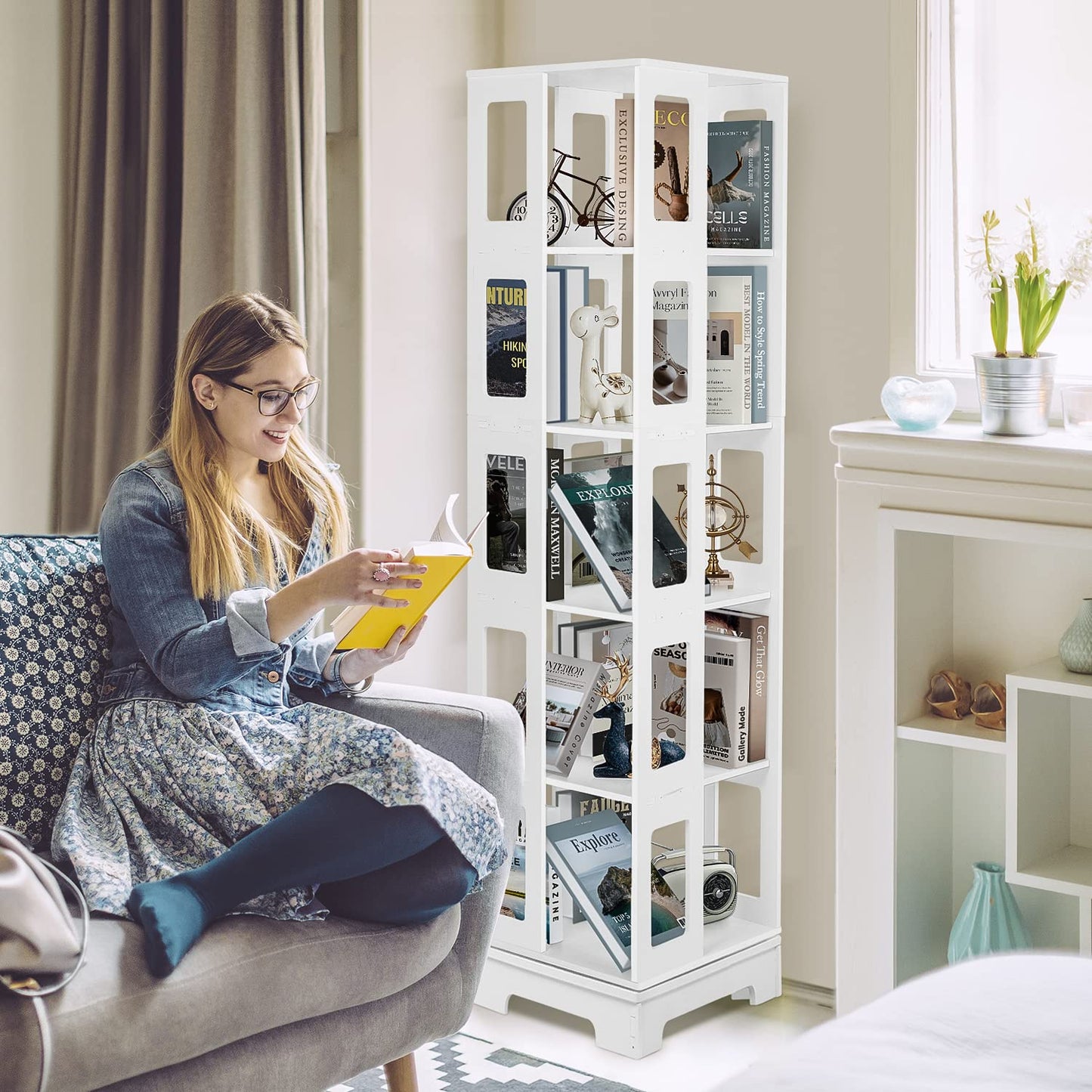 Foriy 5-Tier 360° Rotating White Bookshelf for Kids and Adults - Space-Saving Floor Standing Storage Solution - WoodArtSupply