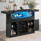 Loomie Bar Table Cabinet with LED & 3 Drawers,Liquor Bar with Adjustable Storage Shelves & Stemware Holders, Crescent Shaped Counter for Home Pub, Wine Alcohol Bar Stand with Door & Wine Rack (Black) Loomie