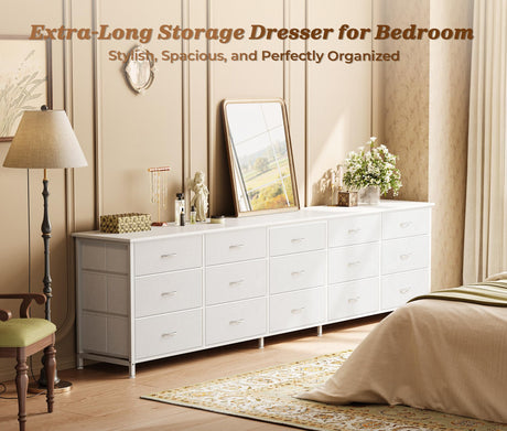 Huuger 78.7 inch Long Dresser for Bedroom, 15 Drawer Fabric Dresser for Closet, Large TV Stand for 65, 75, 85 inch TV, Wide Chest of Drawer with Storage, 78.7" W x 12.9" D x 26.7" H, White Huuger