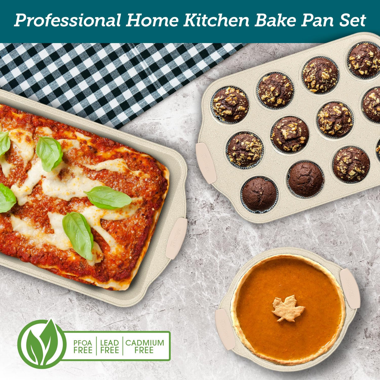 BAKKENMASTER 6-Piece Deluxe Nonstick Baking Pan Set - Professional Grade Carbon Steel Bakeware with White Marble Coating & Silicone Handles BAKKENMASTER