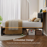 Einhomn Twin Bed Frame with Storage Drawer, Metal Platform Bed with Charging Station, Upholstered Button Tufted Storage Headboard, No Box Spring Needed, Noise-Free, Easy Assembly, Black Einhomn