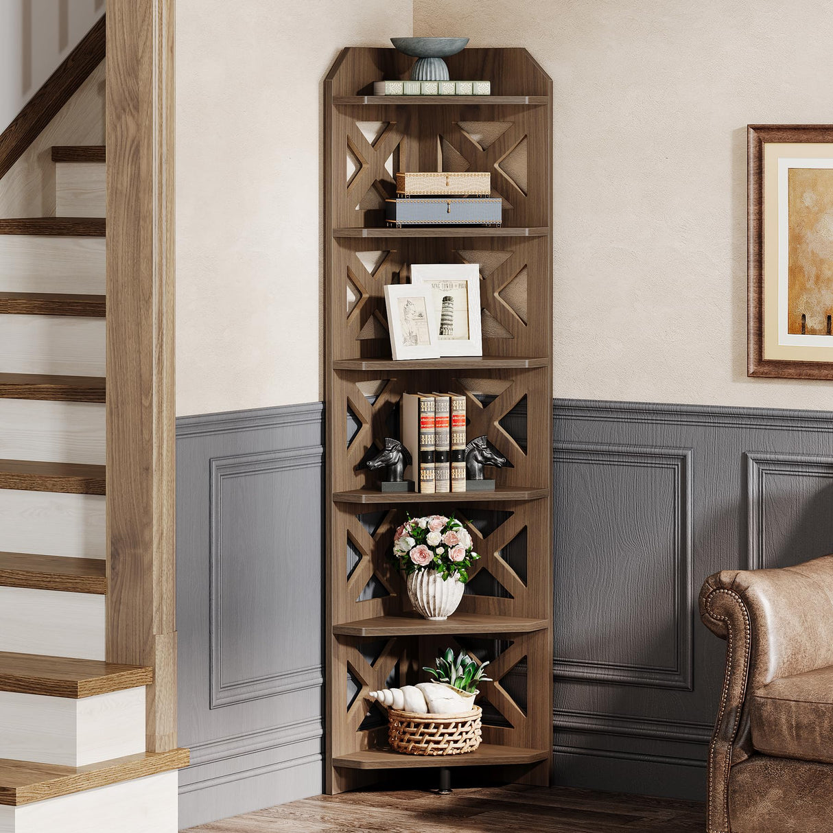 Tribesigns 70.8" Corner Shelf, Rustic 6-Tier Wall Corner Bookshelf, Farmhouse Corner Small Bookcase Display Storage Shelves Plant Stand for Home Office, Living Room, Bedroom Tribesigns