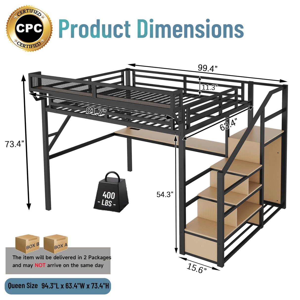 Queen Loft Bed with Desk and RGB Light, Metal Loft Bed Frame with Stairs and Bedside Shelf, Heavy-Duty Lofts Beds with Storage Shelves and Wardrobe for Kids Teens, Black Mirightone