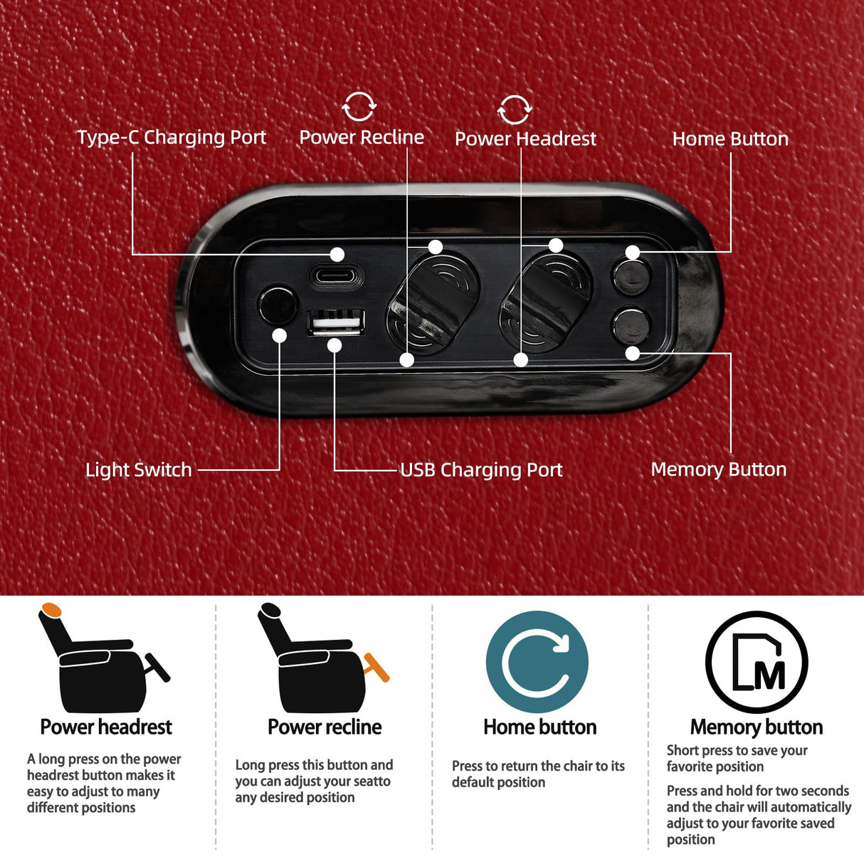 comfiroom Home Theater Seating Classic Series Top Grain Leather Loveseat Recliner Chair Dual Power Movie Theater Chairs Gaming Sofa Electric Headrest with Tray Table (Red, Row of 2 Loveseat) comfiroom