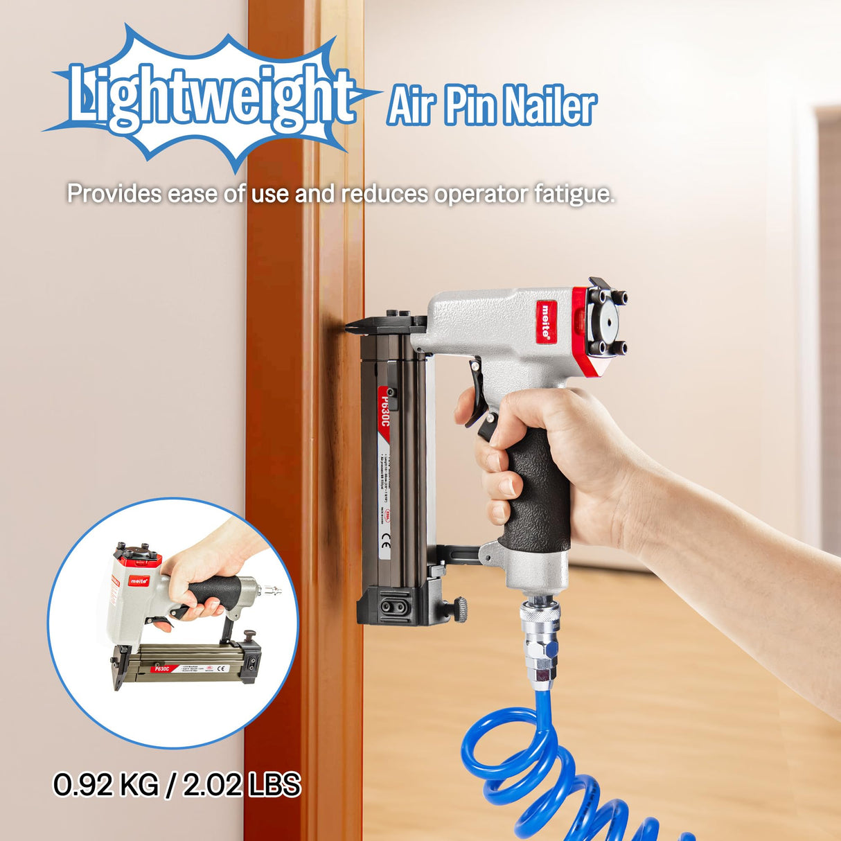 meite P630C Pin Nailer, Pneumatic Micro 23 Gauge Pin Nailer Gun, Accept 3/8-Inch to 1-3/16-Inch 23Ga Pin Nails, Ideal for Cabinets, Paneling, Crafts, Picture Frames meite