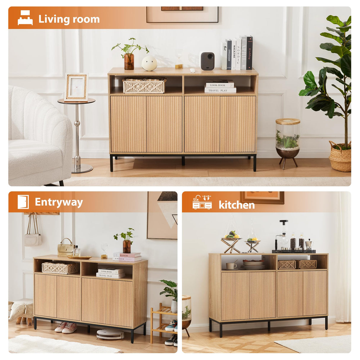 Mericonia Farmhouse Buffet Sideboard Cabinet with Storage, Fluted Natural Coffee Bar Station Table with Doors and Adjustable Shelves, Modern Wood Cupboard for Kitchen, Livingroom, Entryway Mericonia