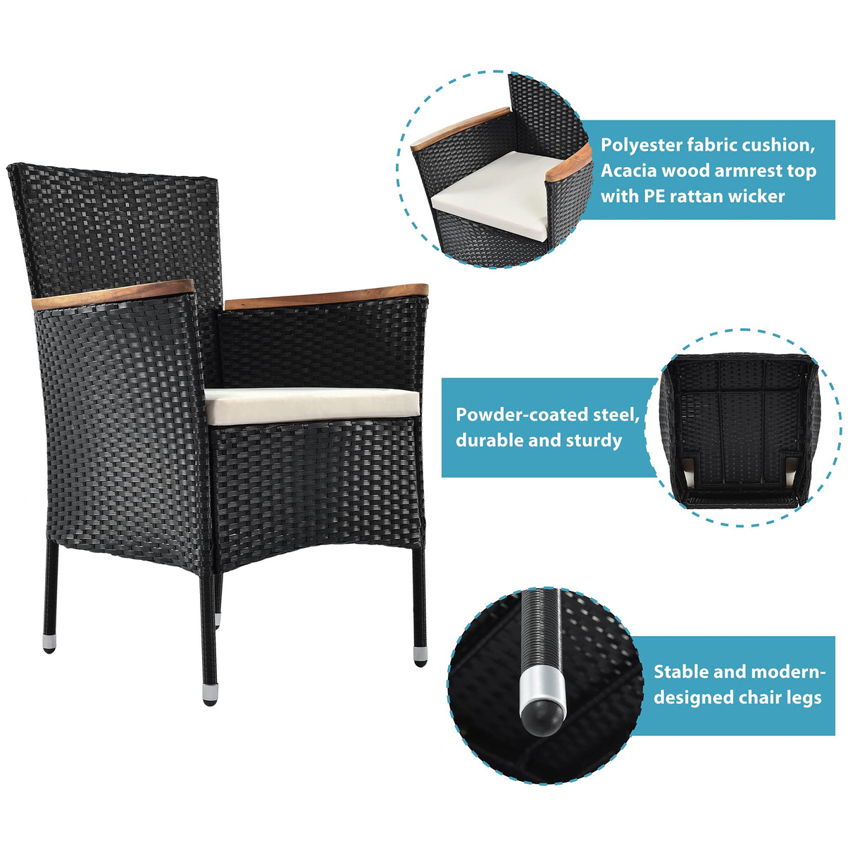 Quarte 7 Piece Outdoor Patio Dining Set, PE Rattan Wicker Dining Table and Chairs Set with Acacia Wood Tabletop and Stackable Armrest Chairs/Water-Proof Cushions Quarte