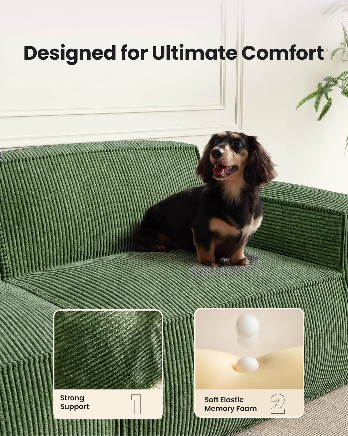 Amada 80" L Shaped Sofa Modular, Corduroy Clopud Couches with Deep Seats &High-Back, Upholstered Couches for Living Room Bedroom with Ottoman, No Assembly Required(2-Seater&1 Ottoman,Green) AMADA HOMEFURNISHING