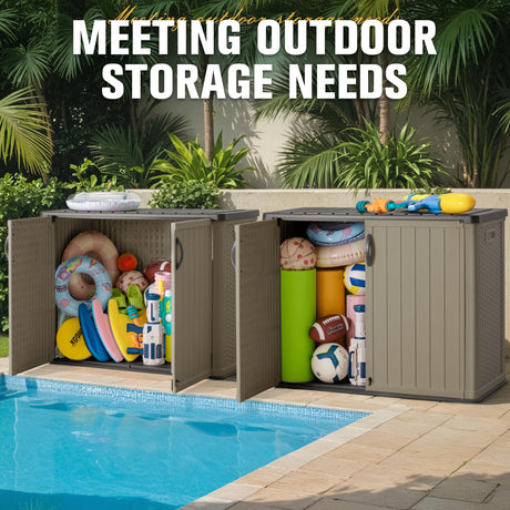 Greesum Outdoor Horizontal Storage Sheds 27 Cu.ft Resin Large Storaged Box Weather Resistance, Without Shelf, Easy to Assemble, Prefect for Garden, Patios, Backyards, Beige Greesum
