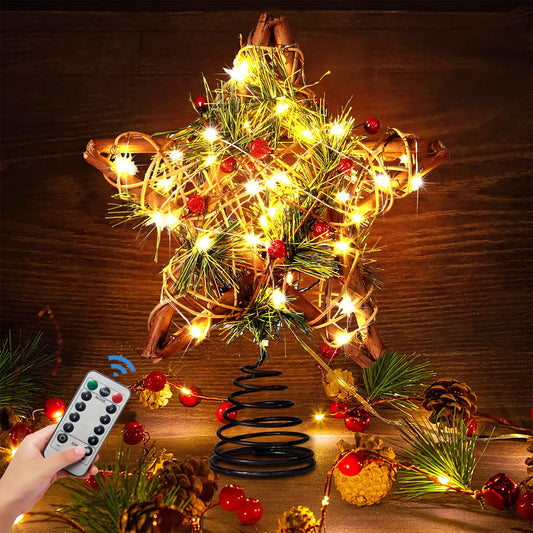 MAIAGO Christmas Star Tree Topper, 10 Inch 40 LED Rustic Vintage Rattan Natural Tree Topper with Remote Control, 8 Lighting Mode for Xmas/Holiday/Winter Party Home Decoration, USB Plug in/Wire 9.84Ft