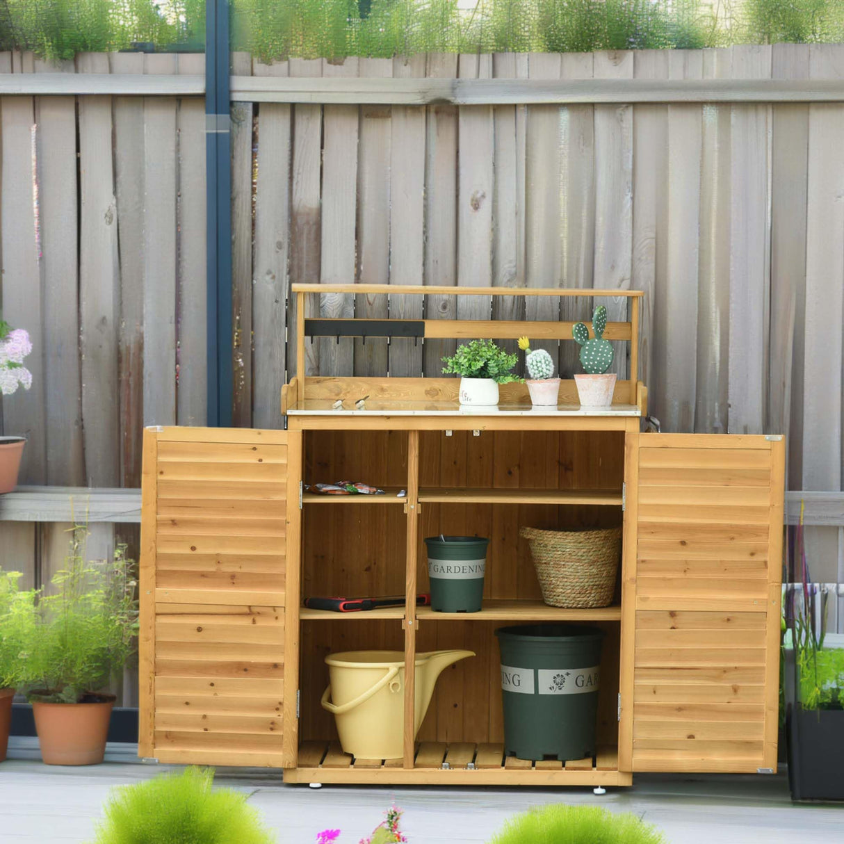 NicBex Gardening Potting Benches for Outside Garden Potting Bench Table Wooden Workstation Shed with Tabletop, Hooks, 3-Tier Shelves Cabinet and 2 Magnetic Close Doors, Yellow NicBex