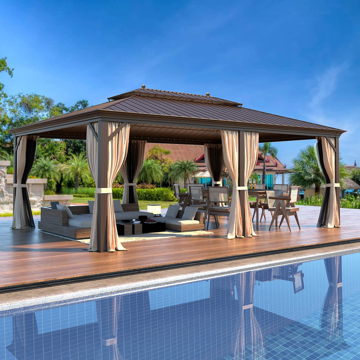 MELLCOM 14' x 20' Hardtop Gazebo,Galvanized Steel Metal Double Roof Aluminum Gazebo with Curtain and Netting,Brown Permanent Pavilion Gazebo with Aluminum Frame for Patios,Gardens,Lawns MELLCOM