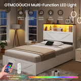 AOGLLATI Farmhouse Twin Bed Frame with 4 Storage Drawers and Charging Station,Wooden Led Twin Bed with Storage Hidden Space Headboard and Metal Slats,No Spring Box Needed,White AOGLLATI