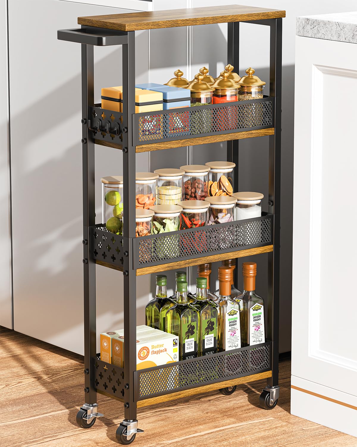 Giwil 4-Tier Slim Rolling Storage Cart for Kitchen Bathroom Organizer, Mobile Narrow Storage Cabinet Utility Cart with Wood Rack on Wheels for Pantry Laundry Small Space Giwil