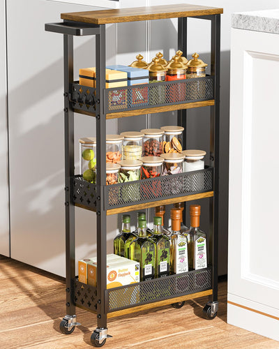 Giwil 4-Tier Slim Rolling Storage Cart for Kitchen Bathroom Organizer, Mobile Narrow Storage Cabinet Utility Cart with Wood Rack on Wheels for Pantry Laundry Small Space