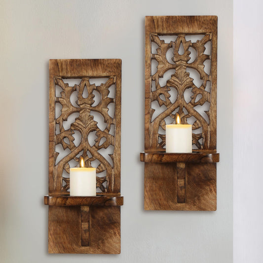 Wall Mount Rustic Candle Scones Set of 2, Wooden Candle Holders, Floating Shelves Pillar Candle Sconce, Hanging Shelf Farmhouse Wall Décor for Living Room Bedroom Bedroom - 16 Inch - Antique  - WoodArtSupply