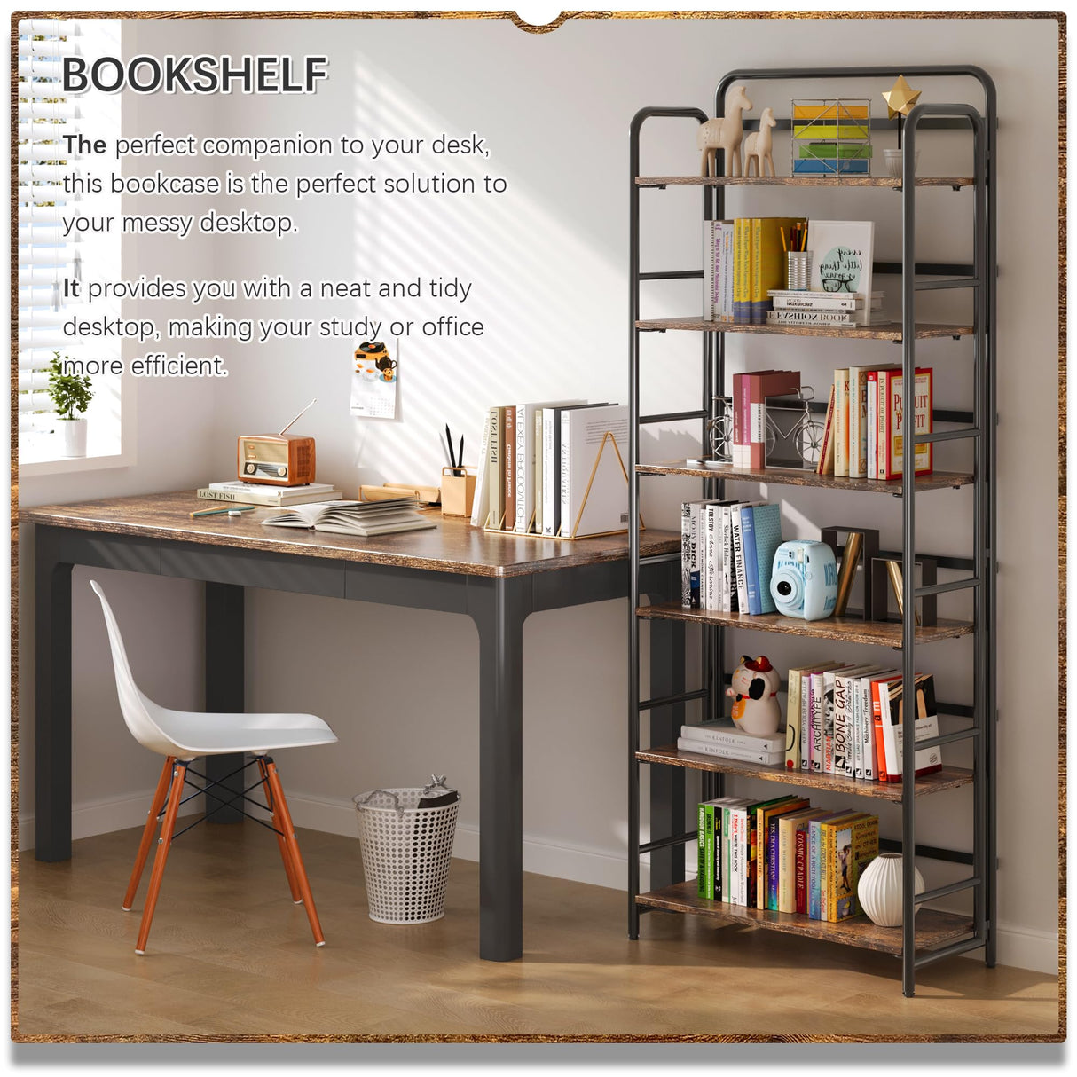 4NM No Assembly Folding Bookshelf, 6 Tier Vintage Industrial Book Shelf,Metal Foldable Storage Bookcase and Bookshelves for Living Room,Bedroom and Kitchen - Rustic Brown 4NM