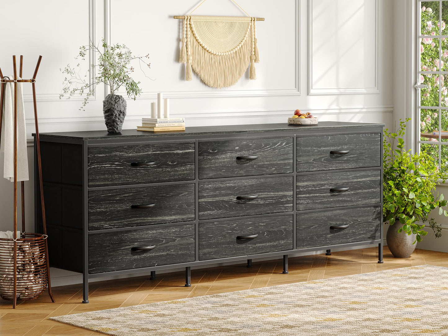 Huuger 9 Drawer Dresser, 63 Inch Dresser TV Stand for 55, 65, 70 Inch TV, Entertainment Center with Drawers, Large Long Fabric Dresser for Bedroom, Closet, Charcoal Black Wood Grain Print,8730D