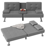 Flamaker Futon Sofa Bed Modern Folding Futon Set PU Leather Convertible Recliner Lounge for Living Room with 2 Cup Holders, Removable Armrests (PU Leather, Grey) Flamaker
