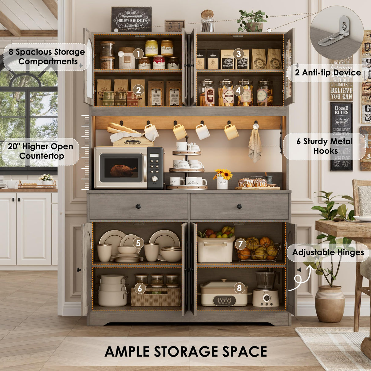 HIFIT 71" LED Kitchen Pantry Cabinet with Power Outlet, Large Kitchen Hutch Storage Cabinet with Arched Door, Shelves, 2 Drawer, Tall Farmhouse Coffee Bar w/Hutch for Home Dining Living Room, Ash Grey HIFIT