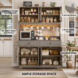 HIFIT 71" LED Kitchen Pantry Cabinet with Power Outlet, Large Kitchen Hutch Storage Cabinet with Arched Door, Shelves, 2 Drawer, Tall Farmhouse Coffee Bar w/Hutch for Home Dining Living Room, Ash Grey HIFIT