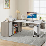 Tribesigns 71 inch Executive Desk, L Shaped Desk with Cabinet Storage, Executive Office Desk with Shelves, Business Furniture Set Workstation for Home Office, Gray and White Tribesigns