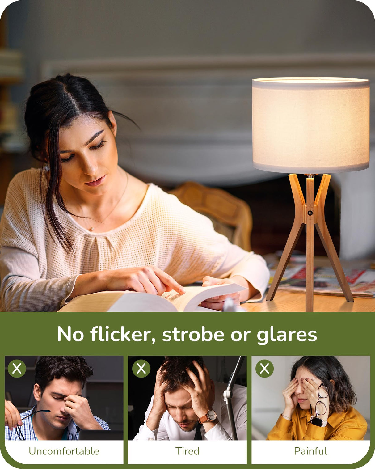 EDISHINE Modern Tripod Table Lamp, 17.5" Bedside Lamp with Natural Wood Light Legs & White Linen Lampshade, Nightstand Lamp for Bedroom, Living Room, Reading Room, E26 Base EDISHINE