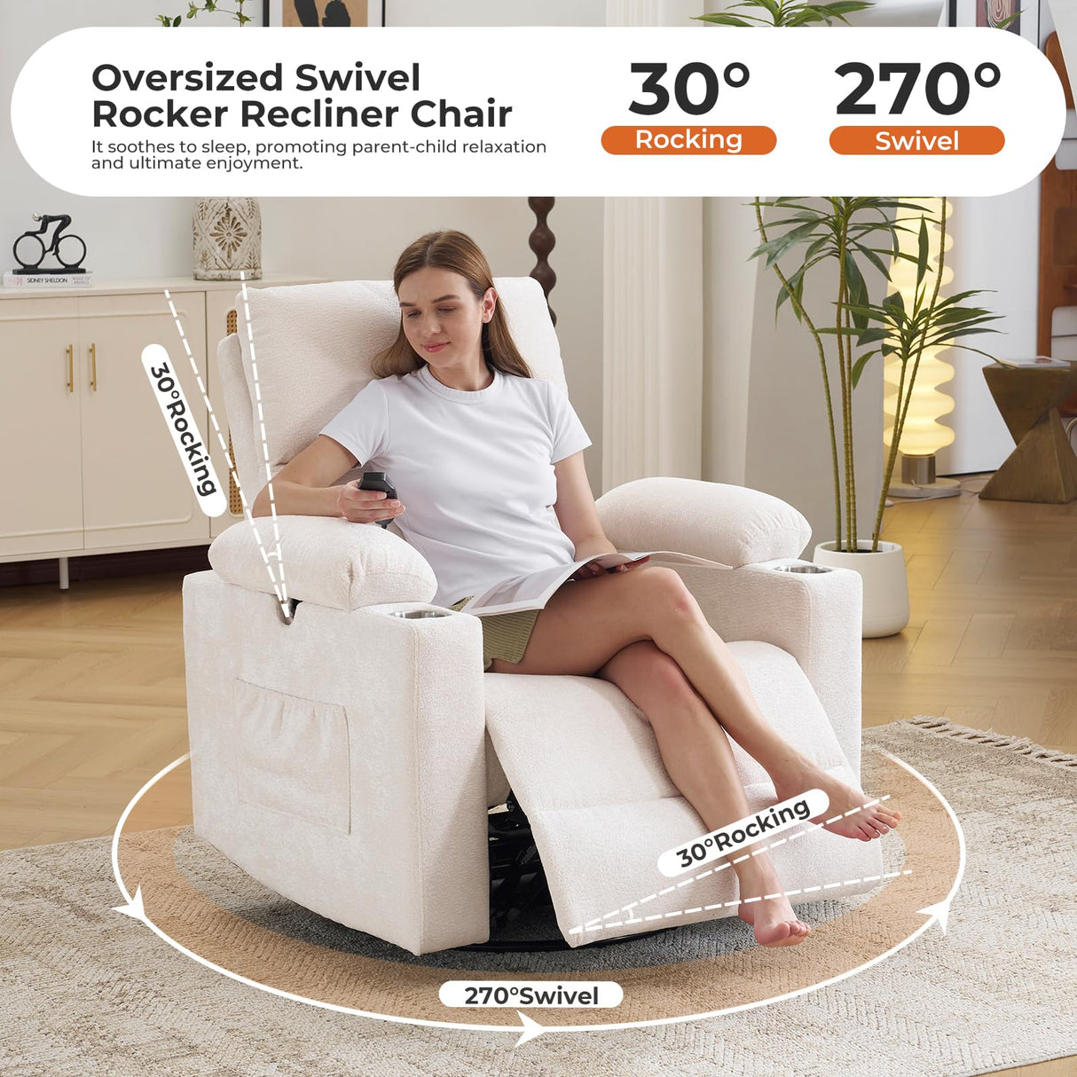 Rocking Chair Nursery with Adjustable Armrests, Electric Glider Recliner Nursing Chair for Breastfeeding, Power Swivel Recliner Chairs with Massage and Heat, Adjustable Headrest , FSC Certified, White Rhevoy