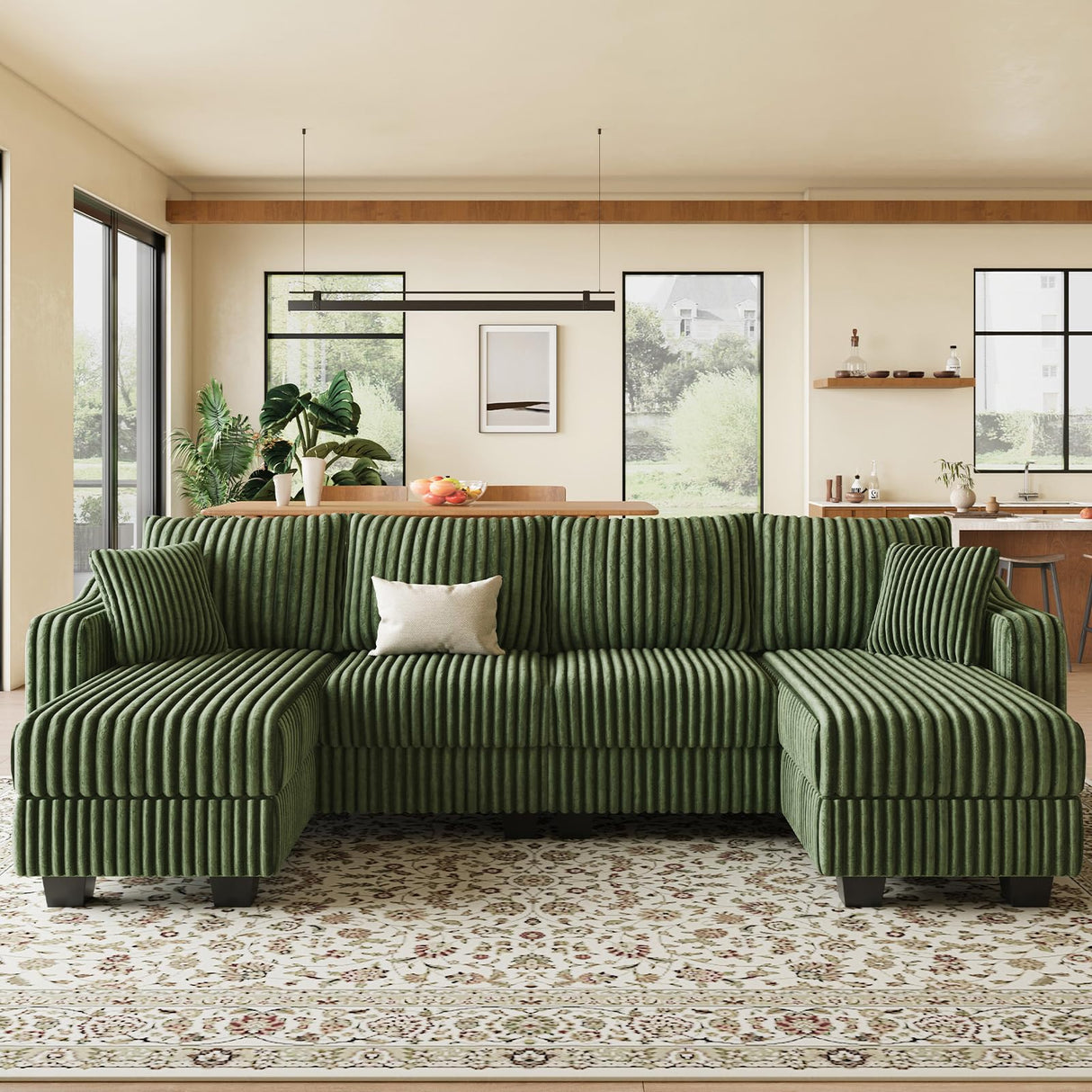 Belffin U Shaped Couch with Reversible Chaises Sectional Couches for Living Room Sectional Couch with Ottomans Corduroy (Green, U Shaped) Belffin