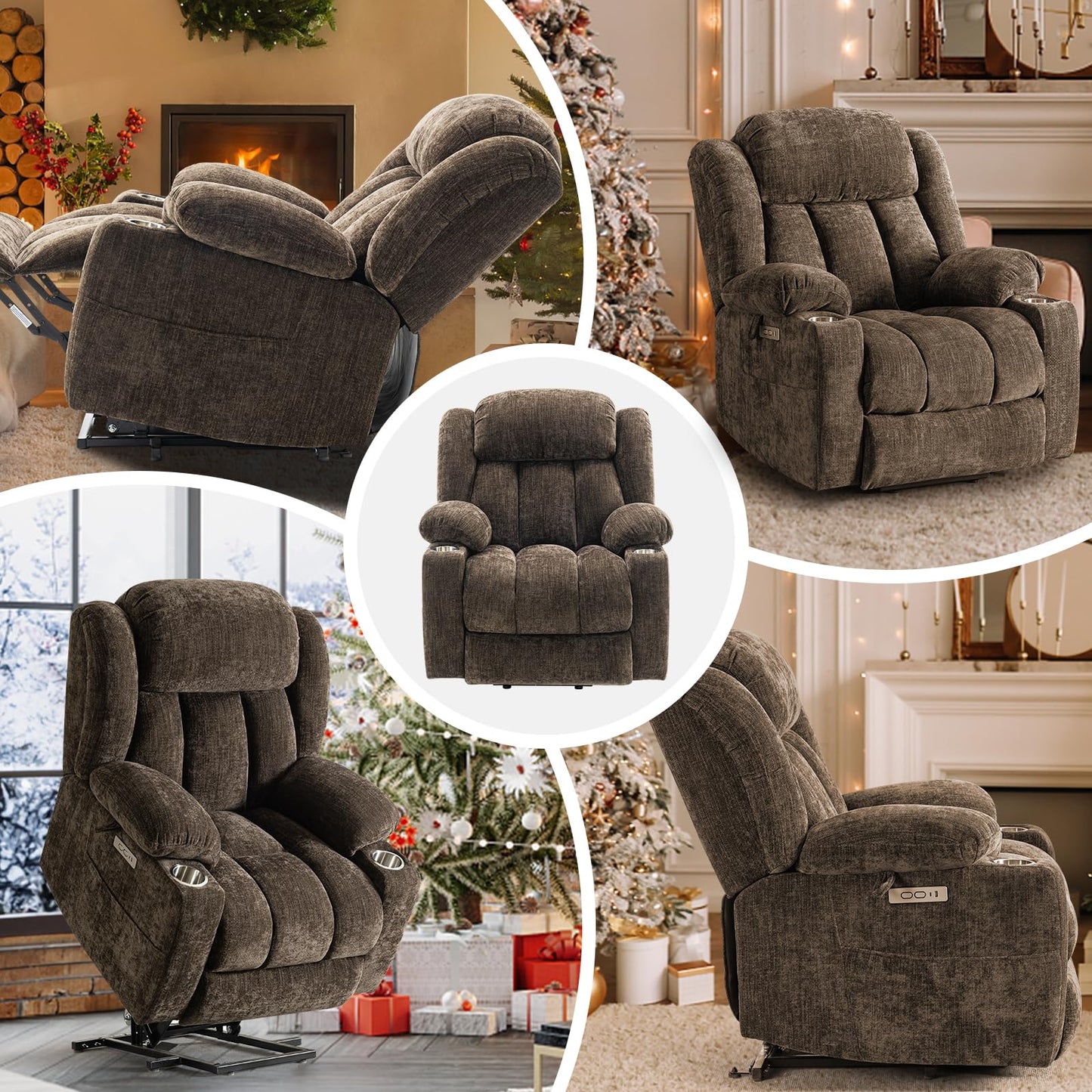 ABCASA Large Power Lift Chairs Recliners for Elderly with Heat ＆ Massage, Upgraded Chenille Recliners, USB-A ＆ C, Cup Holder, Side Pocket, Brown