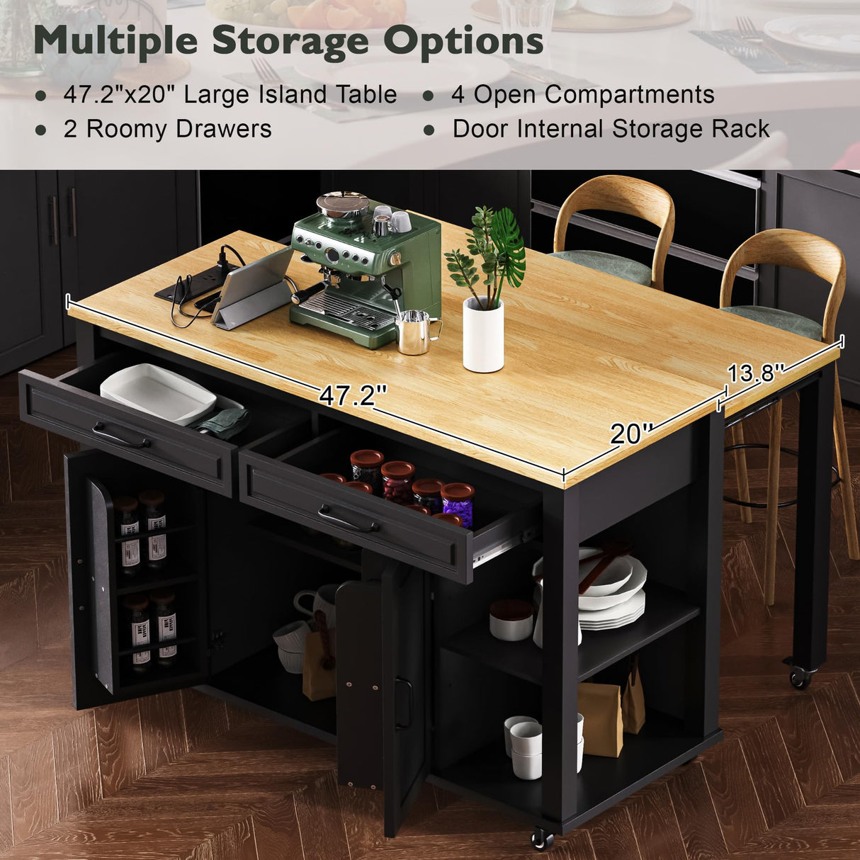 Merax Rolling Kitchen Island on Wheels with Extendable Dining Table & Power Outlet, Wood Kitchen Cart on Wheels with Internal Storage Rack,2 Drawers & 2 Cabinets, 47" Wide Black Merax