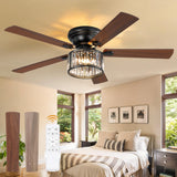 56 Inch Farmhouse Chandelier Ceiling Fan with Remote Control, Black Indoor Crystal Ceiling Fan with 6-Speeds, Quiet Reversible DC Motor, Flush Mount Ceiling Fan with Lights for Bedroom, Living Room Fanbulous