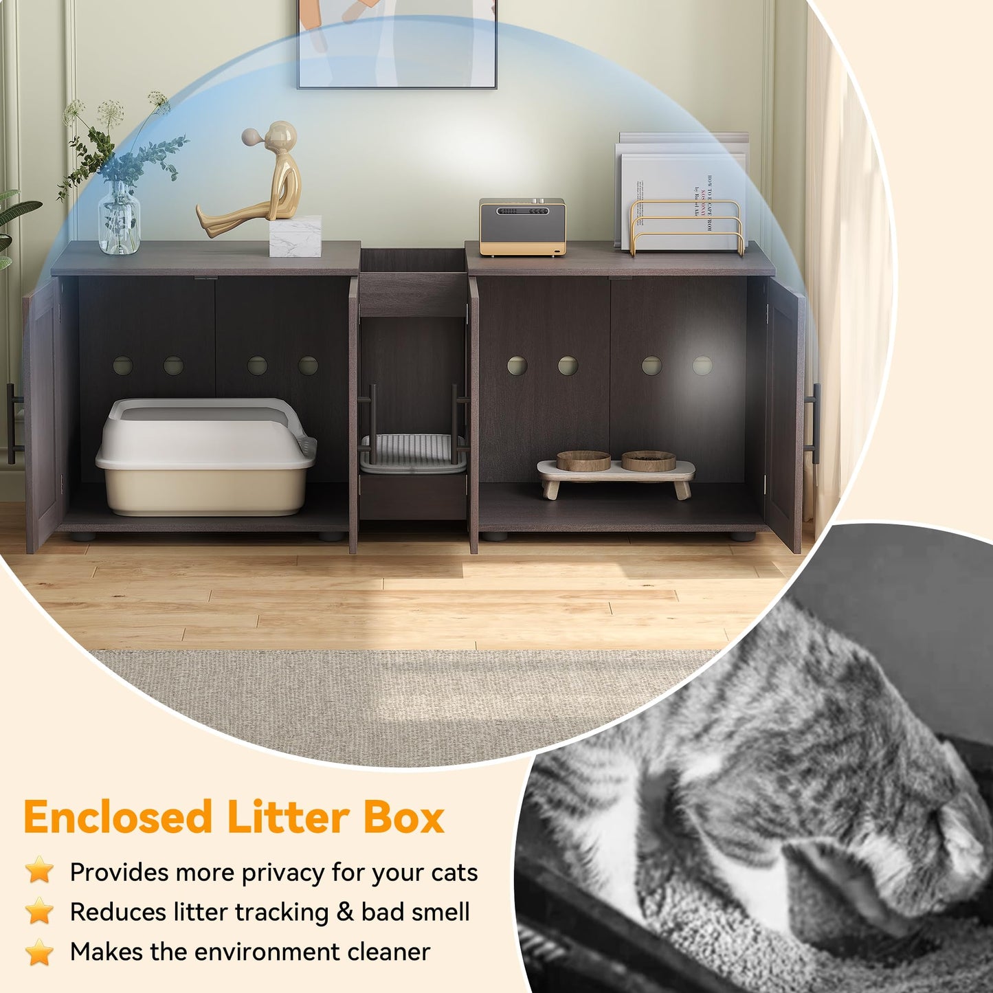 Gaomon Litter Box Enclosure with Double Room,Cat Hidden Litter Box Enclosure Furniture for 2 Cats with Double Room, 55”L x 17.7”W x 22.5”H Cat House,Wooden Enclosed Cat Litter Box Furniture,W - WoodArtSupply