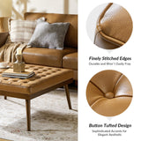 HULALA HOME Genuine Leather Square Coffee Table, Button Tufted Upholstered Ottoman Coffee Table with Solid Wooden Flared Legs, Mid-Century Modern Extra Seating for Living Room, Camel HULALA HOME