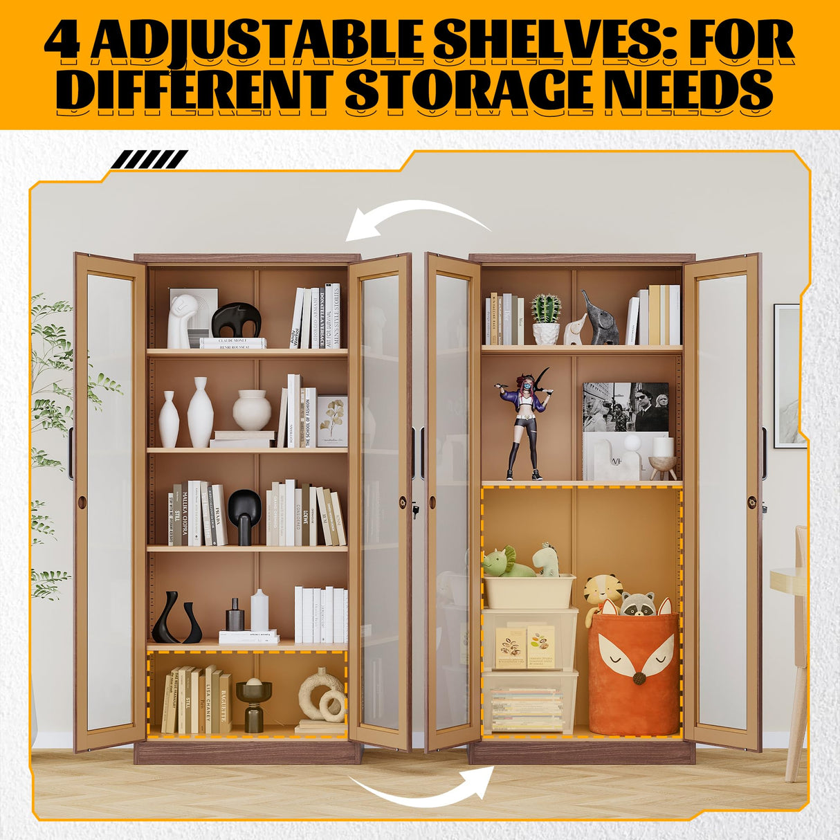 Metal Storage Cabinet with Lock and Glass Doors,Glass Display Cabinet,Tall Storage Cabinets,Locking Curio Cabinets with 5 Shelves for Collectibles,Home,Office,Living Room SISESOL