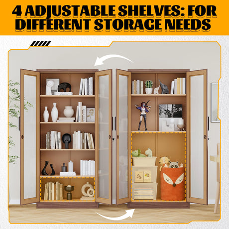 Metal Storage Cabinet with Lock and Glass Doors,Glass Display Cabinet,Tall Storage Cabinets,Locking Curio Cabinets with 5 Shelves for Collectibles,Home,Office,Living Room SISESOL