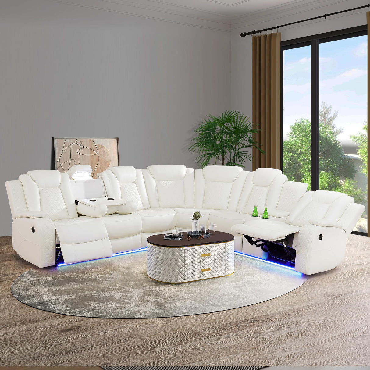 JBXBER Power Recliner Sectional Sofa Set, White Leather Sectional Couch for Living Room, L Shape Reclining Sofa with Led Lights, Cup Holder, Pull-Down Table for Home/Office(6 Seat) JBXBER