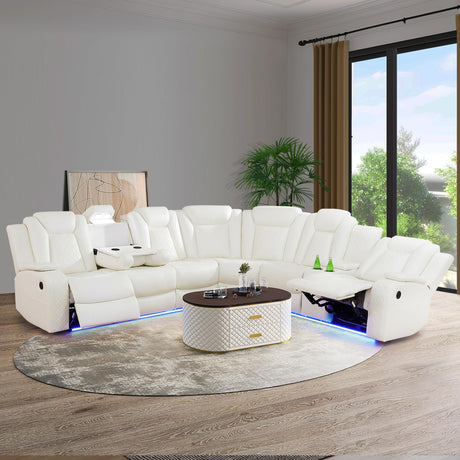JBXBER Power Recliner Sectional Sofa Set, White Leather Sectional Couch for Living Room, L Shape Reclining Sofa with Led Lights, Cup Holder, Pull-Down Table for Home/Office(6 Seat) JBXBER