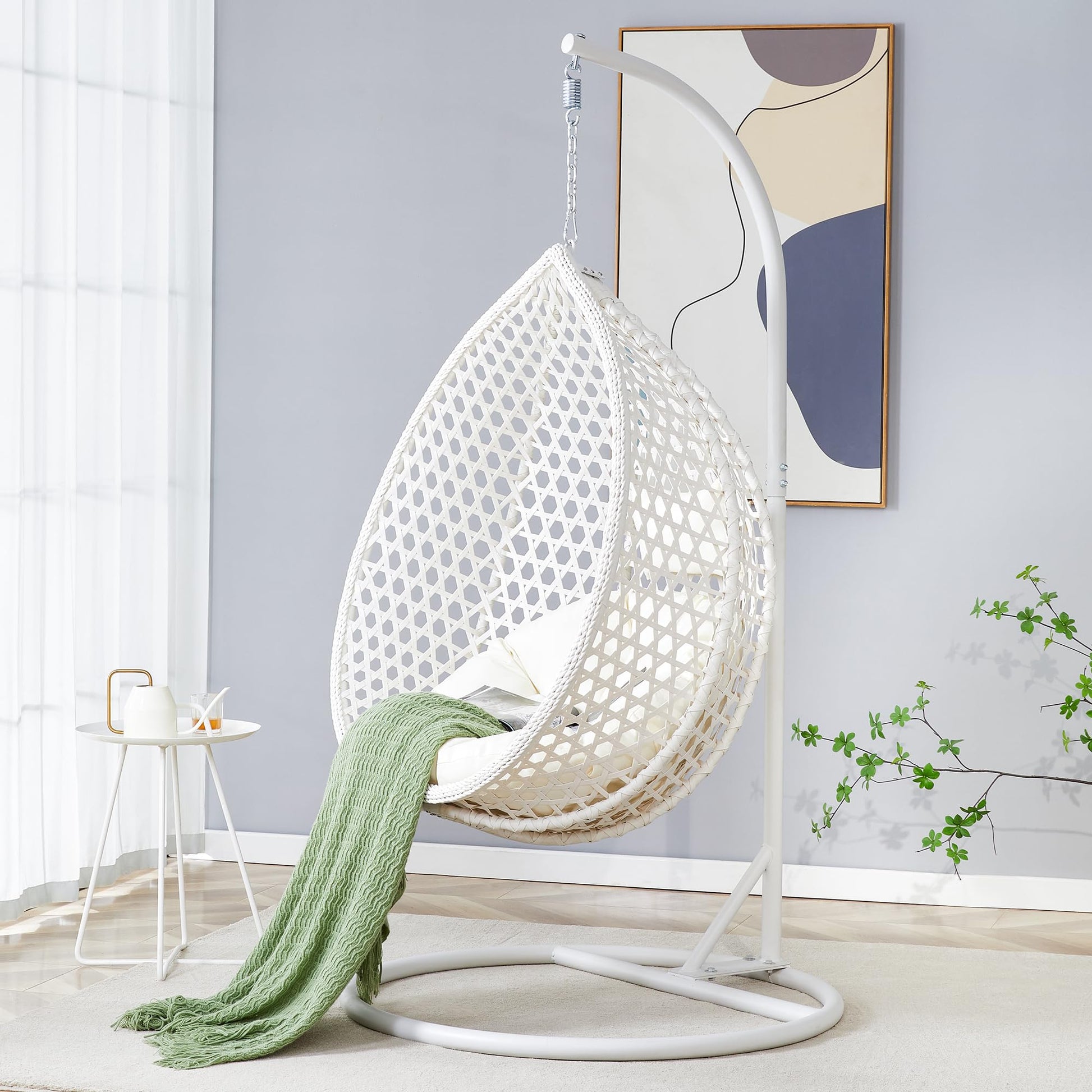 Egg Chair Indoor, Hanging Egg Chair with Stand, Rattan Wicker Swing Chair with Cushions, Swinging Chair for Bedroom Outdoor Patio Balcony Backyard Heavy Duty 350LBS,White - WoodArtSupply