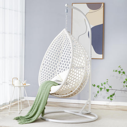 Egg Chair Indoor, Hanging Egg Chair with Stand, Rattan Wicker Swing Chair with Cushions, Swinging Chair for Bedroom Outdoor Patio Balcony Backyard Heavy Duty 350LBS,White - WoodArtSupply