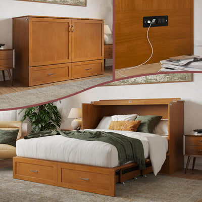 AFI Hamilton Queen Murphy Bed Chest with Mattress, Storage, and Built-in Charger in Light Toffee