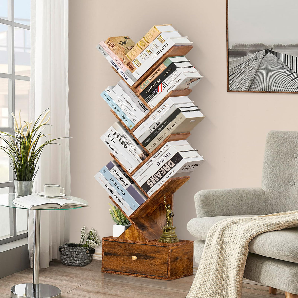 SHEEPAM 8-Tier Tree Bookshelf with Drawer - Rustic Brown Free Standing Bookcase for Small Spaces SHEEPAM