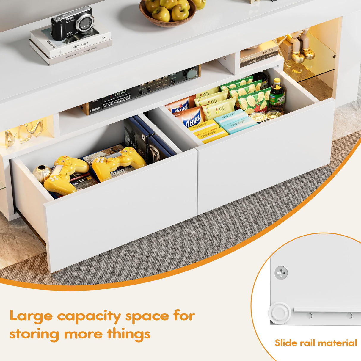 YESHOMY Modern LED TV Stand for Televisions up to 70 Inch with Glass Shelves and Drawer, Gaming Entertainment Center with Multiple Dynamic RGB Modes, for Livingroom, Bedroom, 60 Inch, White YESHOMY